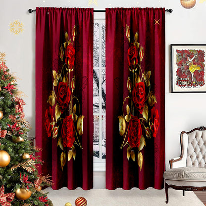 2pcs Set Elegant Rose Pattern Decorative Curtains - Machine Washable, Satin Finish for Bedroom & Living Room, Perfect for Christmas Home Decor