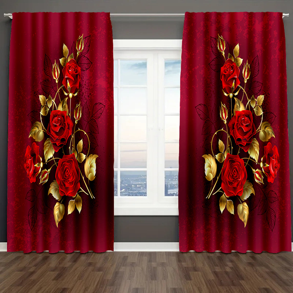 2pcs Set Elegant Rose Pattern Decorative Curtains - Machine Washable, Satin Finish for Bedroom & Living Room, Perfect for Christmas Home Decor