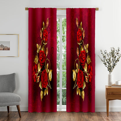 2pcs Set Elegant Rose Pattern Decorative Curtains - Machine Washable, Satin Finish for Bedroom & Living Room, Perfect for Christmas Home Decor