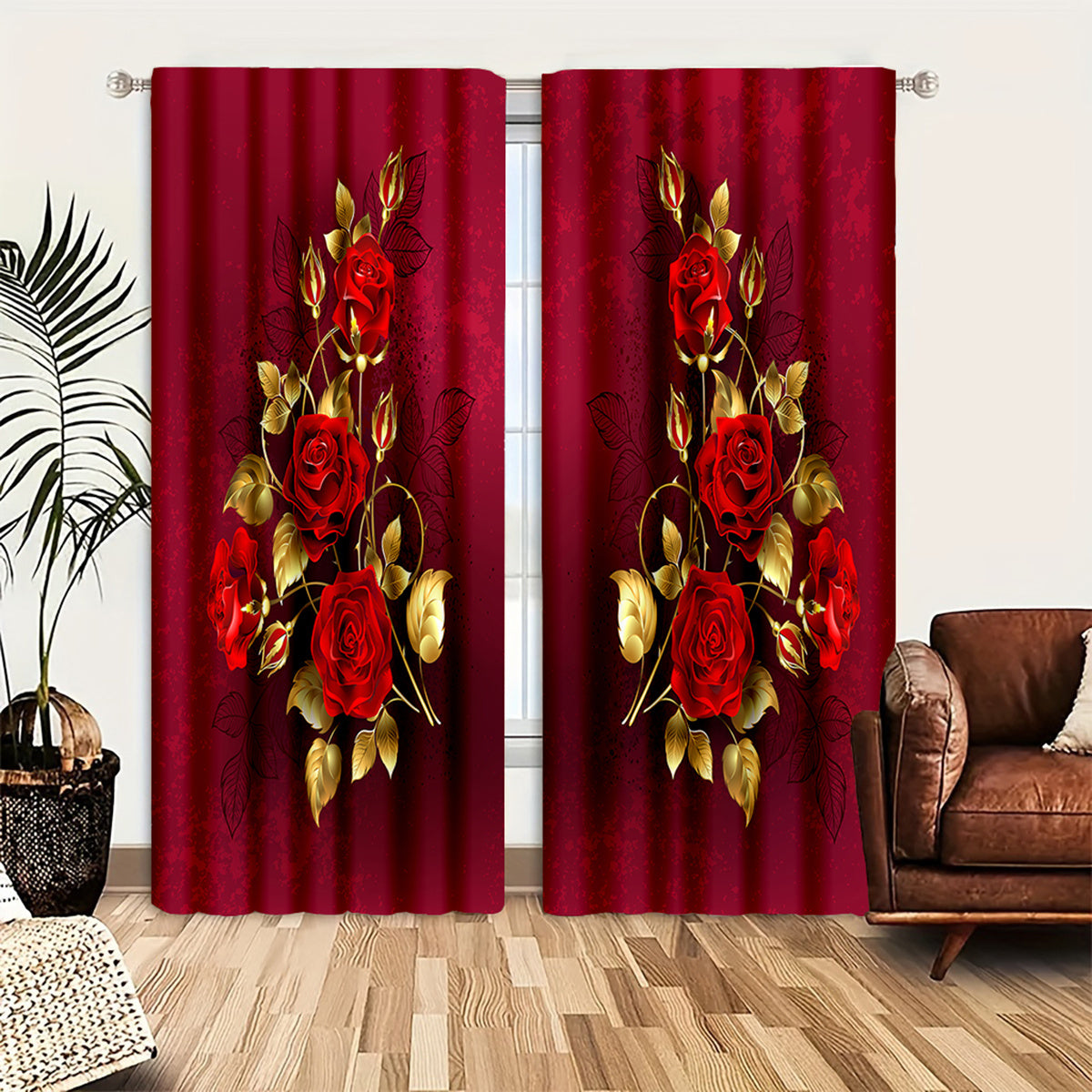 2pcs Set Elegant Rose Pattern Decorative Curtains - Machine Washable, Satin Finish for Bedroom & Living Room, Perfect for Christmas Home Decor