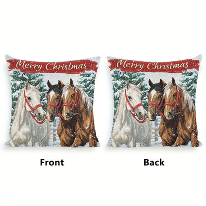 2-Pack Merry Christmas Horse Throw Pillow Covers, 18x18 inch, Linen Zippered Pillowcases for Sofa, Chair, Bed - Hand Washable, Contemporary Woven Design with Snowy Winter Scene