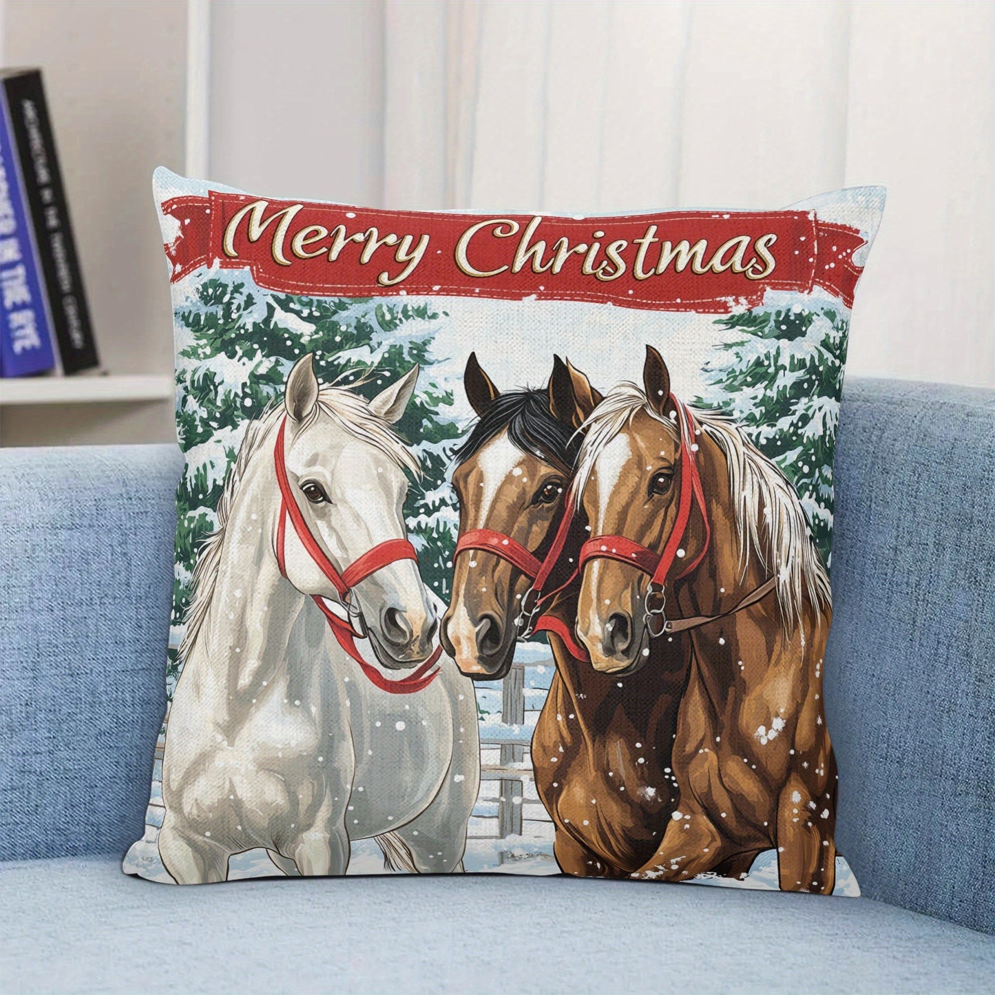 2-Pack Merry Christmas Horse Throw Pillow Covers, 18x18 inch, Linen Zippered Pillowcases for Sofa, Chair, Bed - Hand Washable, Contemporary Woven Design with Snowy Winter Scene