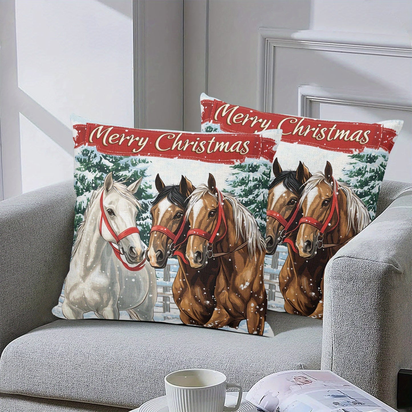 2-Pack Merry Christmas Horse Throw Pillow Covers, 18x18 inch, Linen Zippered Pillowcases for Sofa, Chair, Bed - Hand Washable, Contemporary Woven Design with Snowy Winter Scene