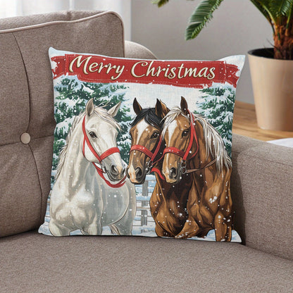 2-Pack Merry Christmas Horse Throw Pillow Covers, 18x18 inch, Linen Zippered Pillowcases for Sofa, Chair, Bed - Hand Washable, Contemporary Woven Design with Snowy Winter Scene