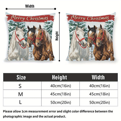 2-Pack Merry Christmas Horse Throw Pillow Covers, 18x18 inch, Linen Zippered Pillowcases for Sofa, Chair, Bed - Hand Washable, Contemporary Woven Design with Snowy Winter Scene