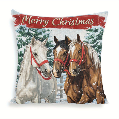 2-Pack Merry Christmas Horse Throw Pillow Covers, 18x18 inch, Linen Zippered Pillowcases for Sofa, Chair, Bed - Hand Washable, Contemporary Woven Design with Snowy Winter Scene