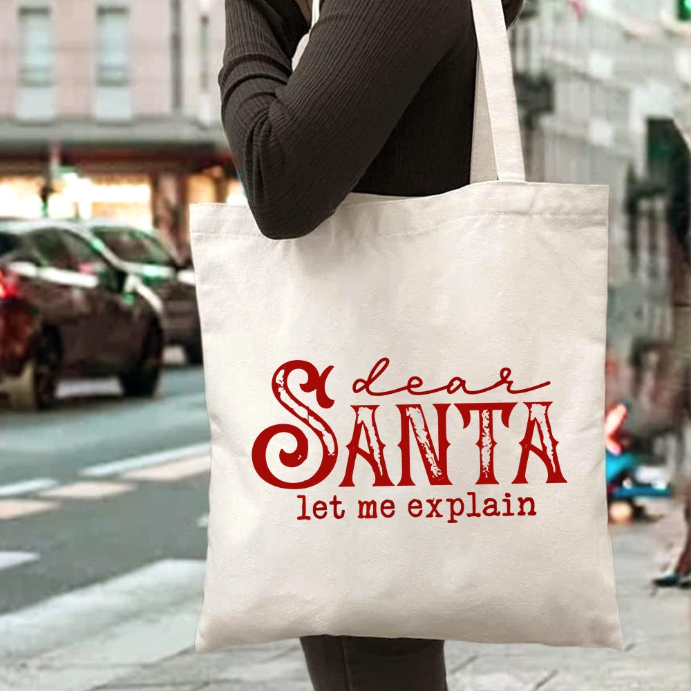 Christmas Tote Bag, Santa Claus, Let Me Explain Printed Tote Bag Large Capacity Fashion Minimalist Style Durable Canvas Bag for Outdoor, Party, Travel, Shopping