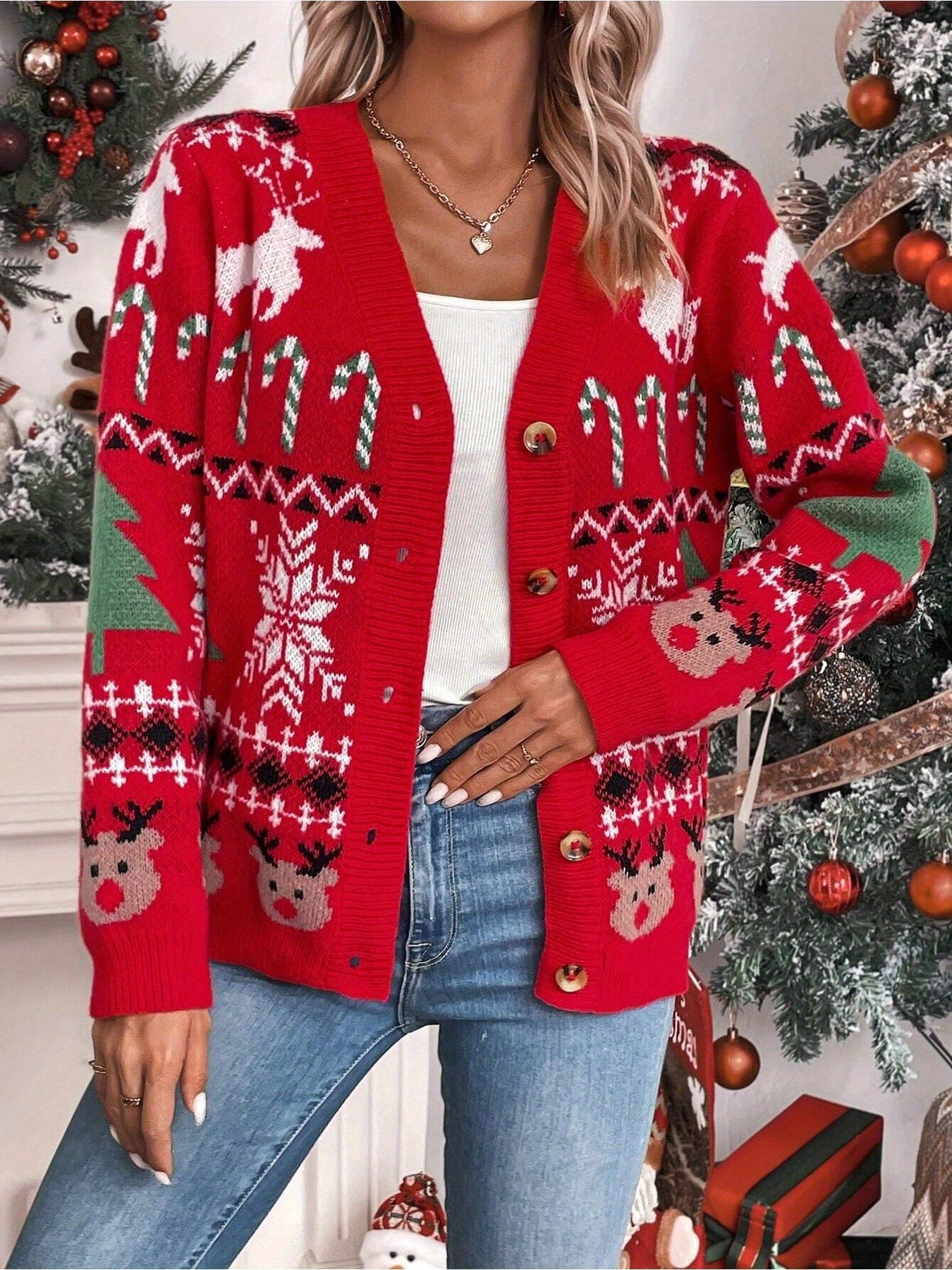 Cozy Women's Casual Long Sleeve V Neck Cardigan with Christmas Tree & Reindeer Button Front, Perfect for Fall & Winter