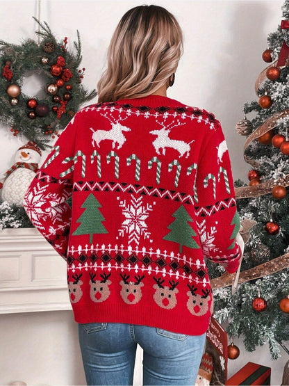 Cozy Women's Casual Long Sleeve V Neck Cardigan with Christmas Tree & Reindeer Button Front, Perfect for Fall & Winter