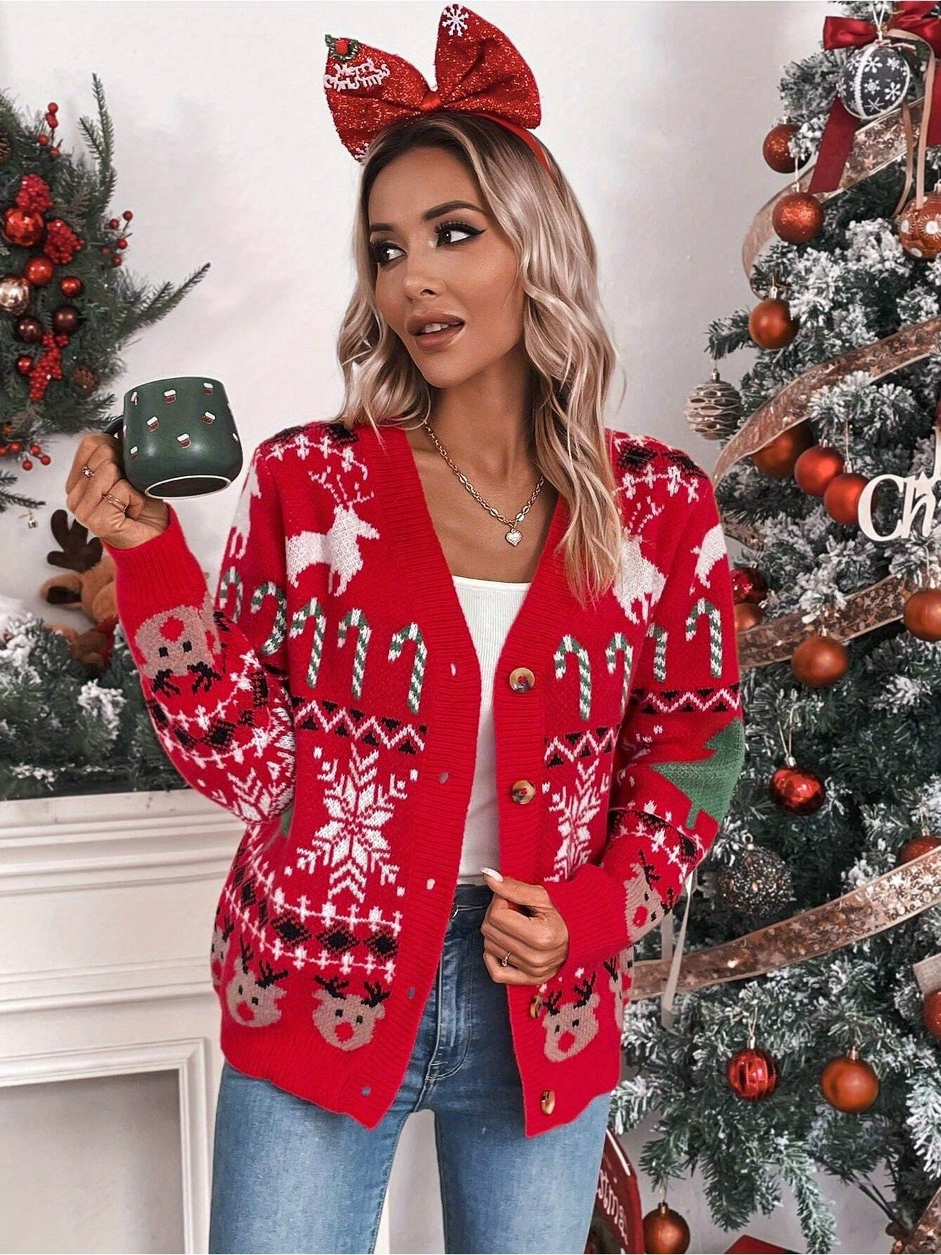 Cozy Women's Casual Long Sleeve V Neck Cardigan with Christmas Tree & Reindeer Button Front, Perfect for Fall & Winter