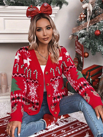 Cozy Women's Casual Long Sleeve V Neck Cardigan with Christmas Tree & Reindeer Button Front, Perfect for Fall & Winter