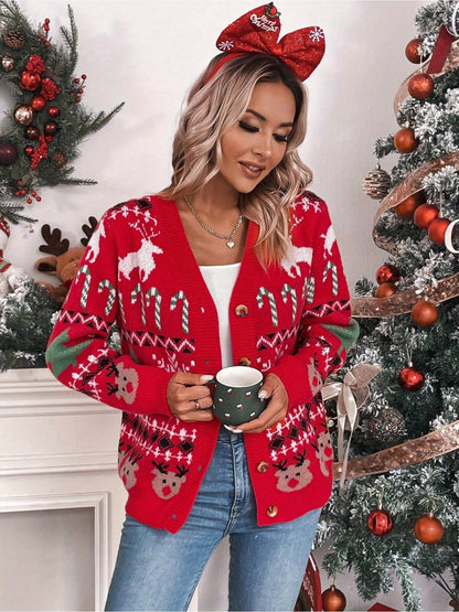 Cozy Women's Casual Long Sleeve V Neck Cardigan with Christmas Tree & Reindeer Button Front, Perfect for Fall & Winter