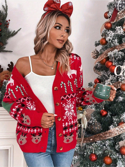 Cozy Women's Casual Long Sleeve V Neck Cardigan with Christmas Tree & Reindeer Button Front, Perfect for Fall & Winter