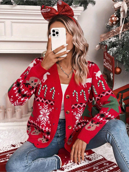 Cozy Women's Casual Long Sleeve V Neck Cardigan with Christmas Tree & Reindeer Button Front, Perfect for Fall & Winter