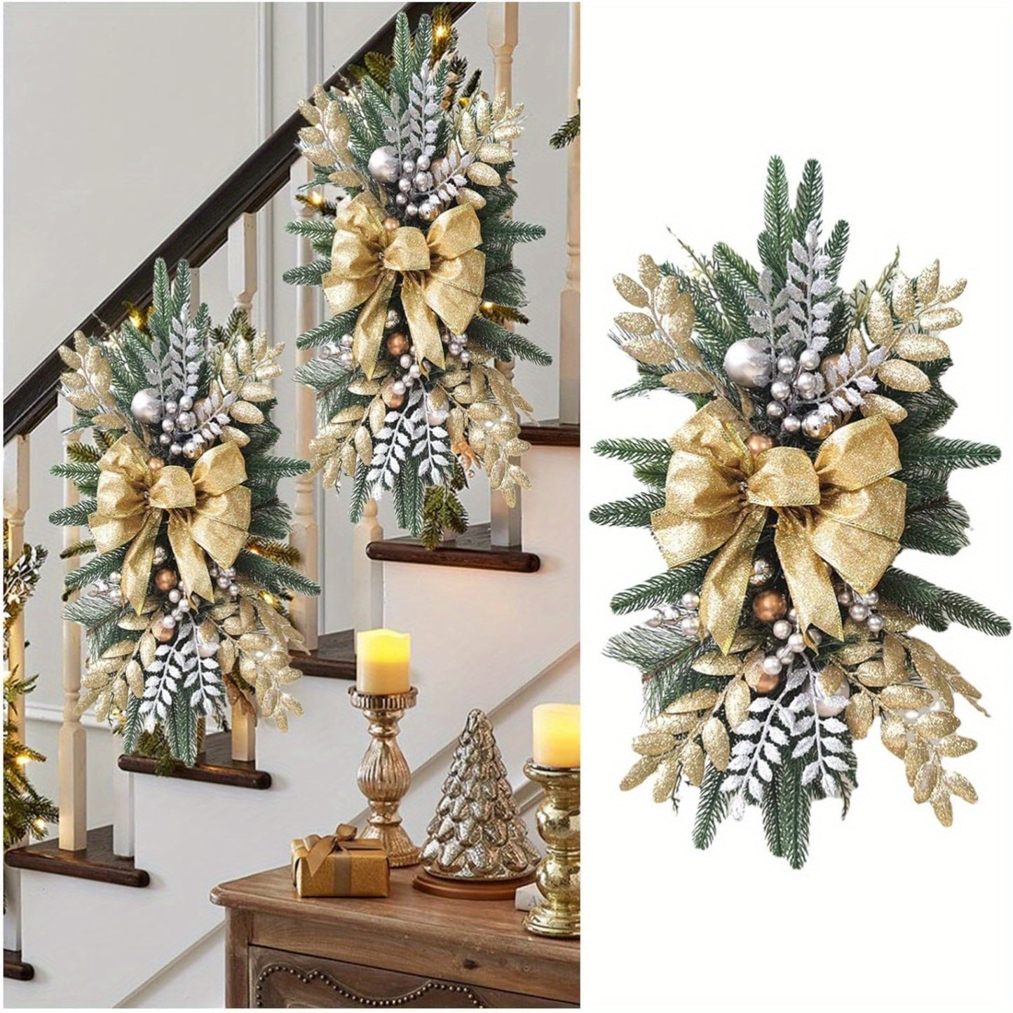 1pc Christmas Swag Wreath with Light Stairway Trim Handmade Wreaths Christmas Staircases Wreaths Decorations, Artificial Christmas Wreath Garland For Stairs, For Home Party Shopwindow Stair Christmas Decoration