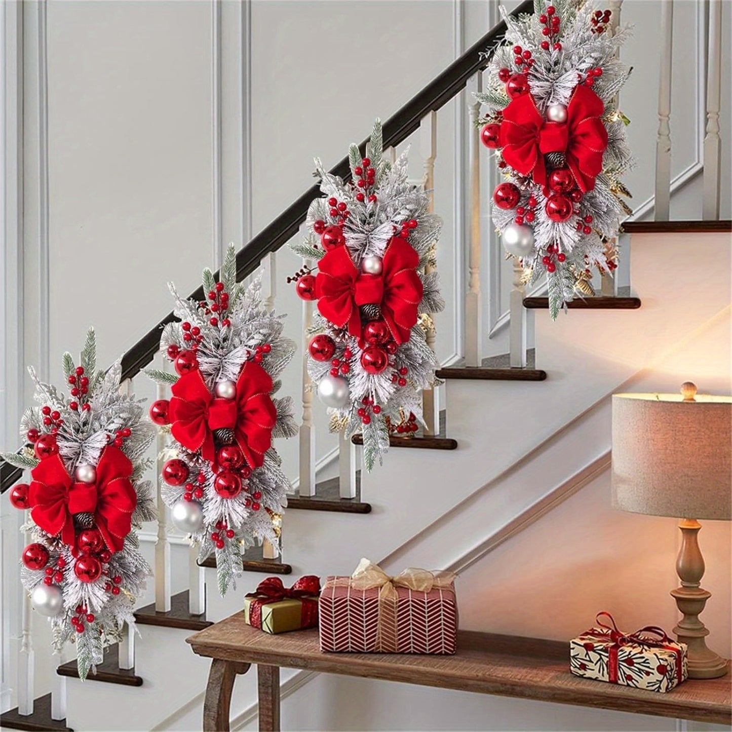 1pc Christmas Swag Wreath with Light Stairway Trim Handmade Wreaths Christmas Staircases Wreaths Decorations, Artificial Christmas Wreath Garland For Stairs, For Home Party Shopwindow Stair Christmas Decoration