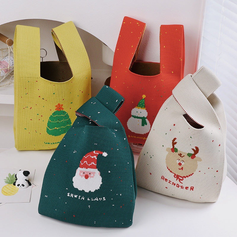 Christmas Handmade Knit Handbags Women Knot Wrist Bag Casual Small Tote Bag Girls Reusable Shopping Bags