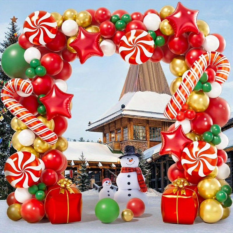 122pcs Christmas Balloon Garland Kit - Festive Red, White & Golden with Candy Canes for Holiday Decorations, Perfect for Home & Outdoor Parties