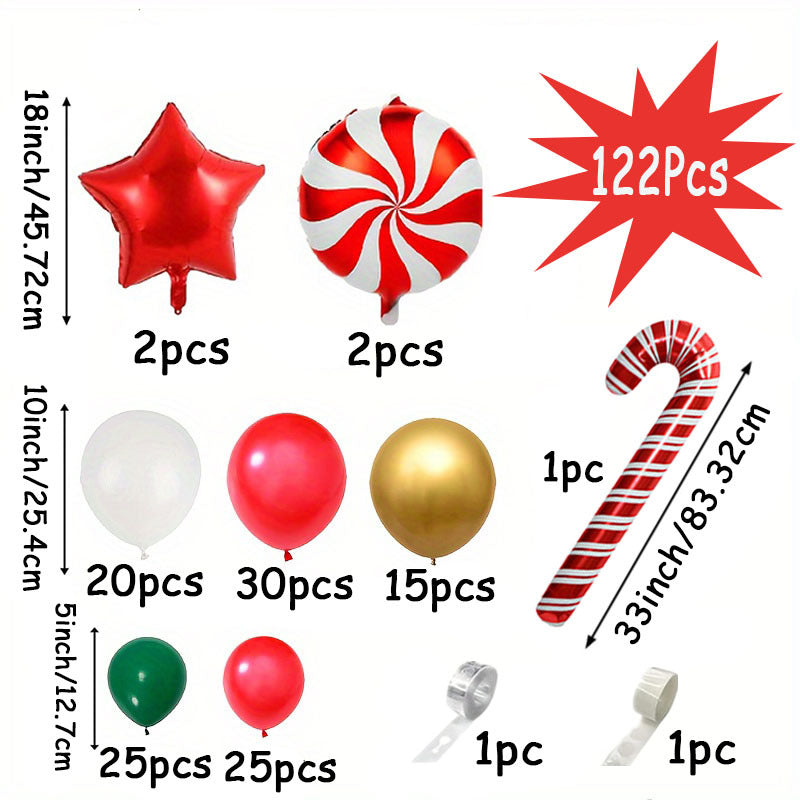 122pcs Christmas Balloon Garland Kit - Festive Red, White & Golden with Candy Canes for Holiday Decorations, Perfect for Home & Outdoor Parties