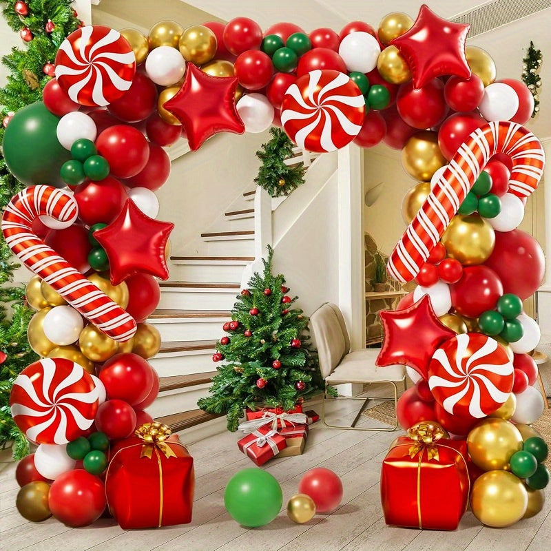 122pcs Christmas Balloon Garland Kit - Festive Red, White & Golden with Candy Canes for Holiday Decorations, Perfect for Home & Outdoor Parties