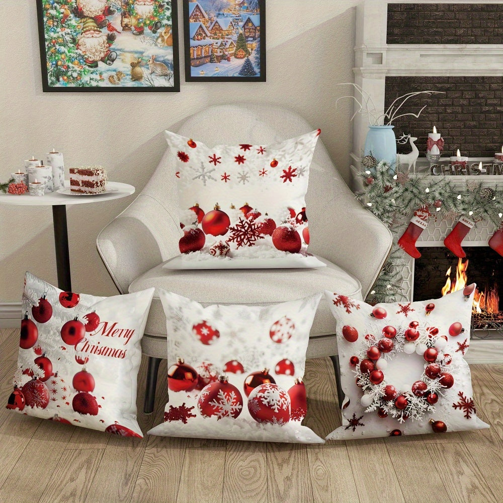 4PCS Soft Polyester Merry Christmas Throw Pillow Covers, 18x18 Inches, Festive Red and White Snowflake and Ball Design, Zipper Closure, Machine Washable, Perfect for Sofa and Bedroom Decoration (No Pillow Insert)