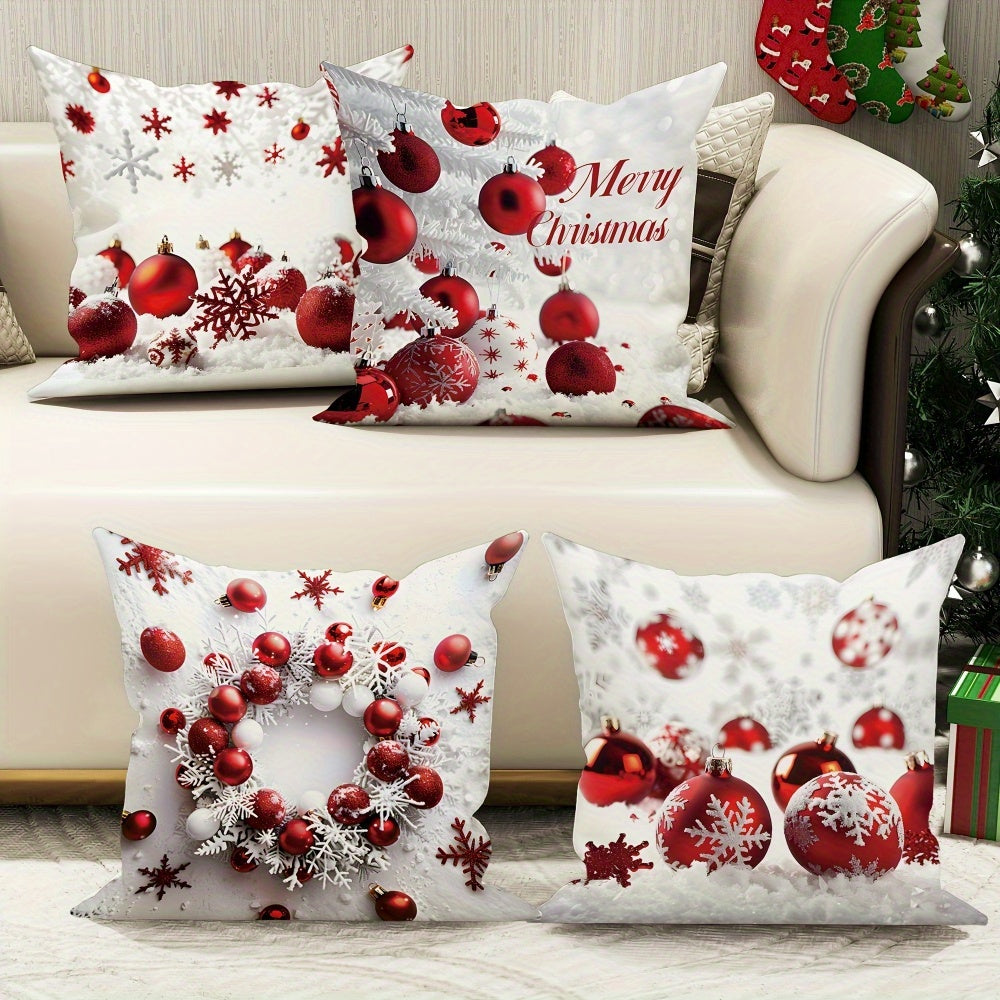 4PCS Soft Polyester Merry Christmas Throw Pillow Covers, 18x18 Inches, Festive Red and White Snowflake and Ball Design, Zipper Closure, Machine Washable, Perfect for Sofa and Bedroom Decoration (No Pillow Insert)