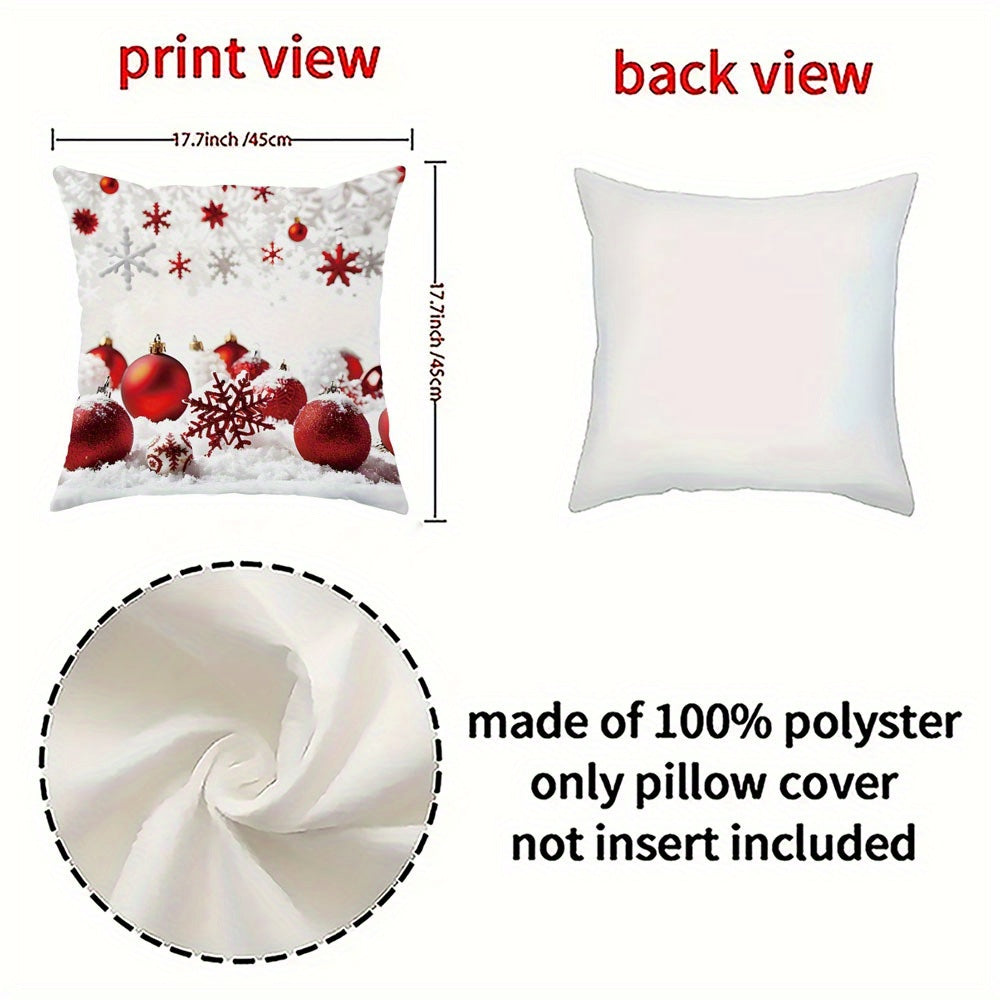 4PCS Soft Polyester Merry Christmas Throw Pillow Covers, 18x18 Inches, Festive Red and White Snowflake and Ball Design, Zipper Closure, Machine Washable, Perfect for Sofa and Bedroom Decoration (No Pillow Insert)