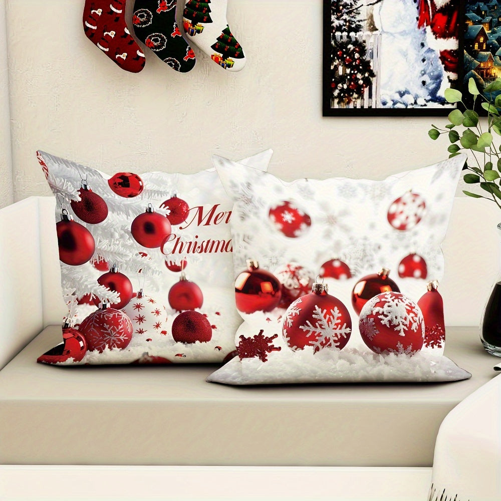 4PCS Soft Polyester Merry Christmas Throw Pillow Covers, 18x18 Inches, Festive Red and White Snowflake and Ball Design, Zipper Closure, Machine Washable, Perfect for Sofa and Bedroom Decoration (No Pillow Insert)