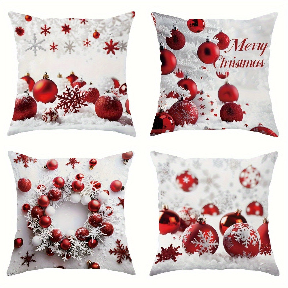 4PCS Soft Polyester Merry Christmas Throw Pillow Covers, 18x18 Inches, Festive Red and White Snowflake and Ball Design, Zipper Closure, Machine Washable, Perfect for Sofa and Bedroom Decoration (No Pillow Insert)