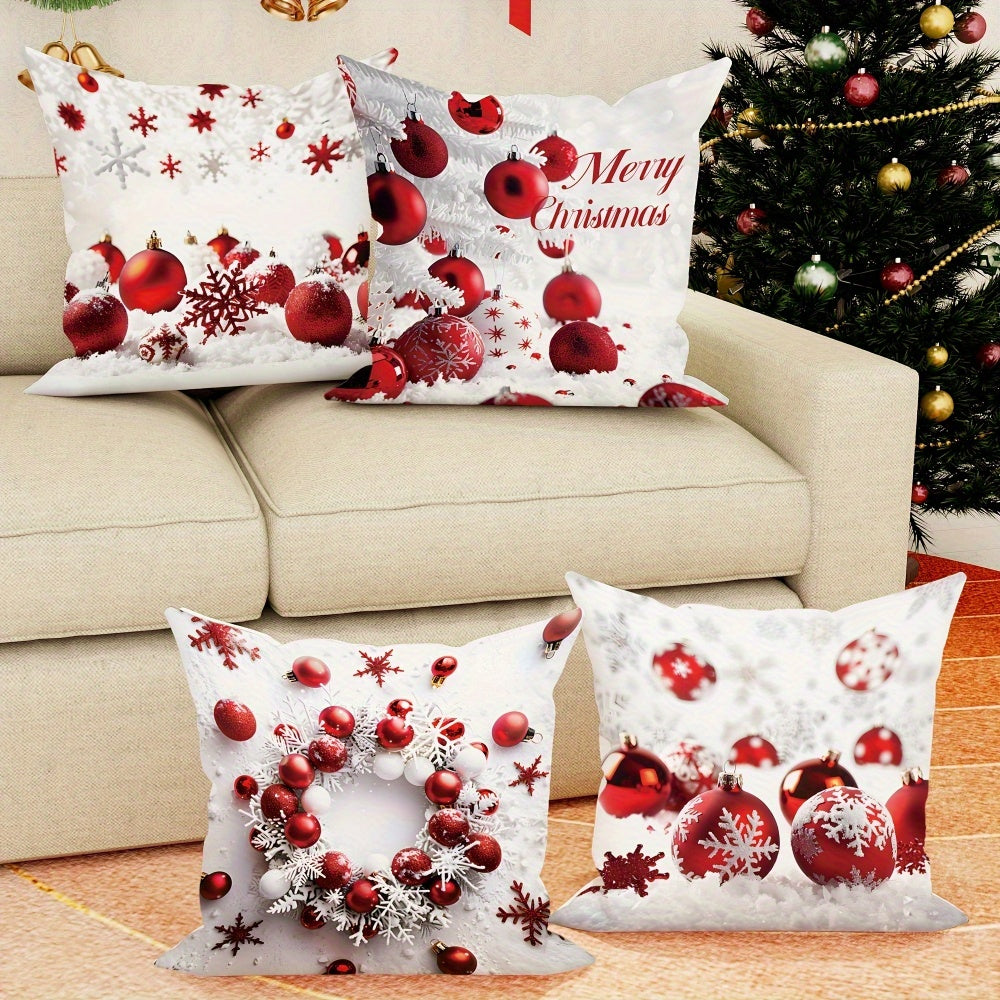 4PCS Soft Polyester Merry Christmas Throw Pillow Covers, 18x18 Inches, Festive Red and White Snowflake and Ball Design, Zipper Closure, Machine Washable, Perfect for Sofa and Bedroom Decoration (No Pillow Insert)