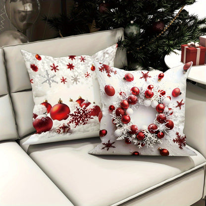 4PCS Soft Polyester Merry Christmas Throw Pillow Covers, 18x18 Inches, Festive Red and White Snowflake and Ball Design, Zipper Closure, Machine Washable, Perfect for Sofa and Bedroom Decoration (No Pillow Insert)