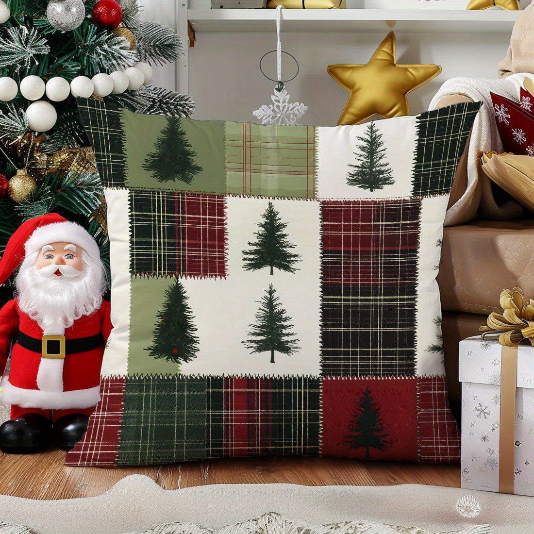 1pc, Christmas Tree Patchwork Cushion Cover, 17.7x17.7in, Single-Sided Print, Polyester, Contemporary Style, Zipper Closure, Machine Washable, Home Decor for Living Room Sofa Bedroom, Festive Holiday Gift, No Insert