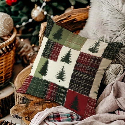 1pc, Christmas Tree Patchwork Cushion Cover, 17.7x17.7in, Single-Sided Print, Polyester, Contemporary Style, Zipper Closure, Machine Washable, Home Decor for Living Room Sofa Bedroom, Festive Holiday Gift, No Insert