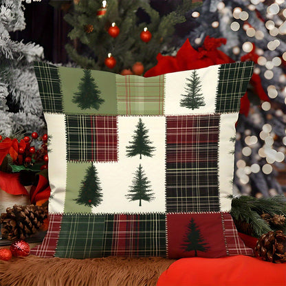 1pc, Christmas Tree Patchwork Cushion Cover, 17.7x17.7in, Single-Sided Print, Polyester, Contemporary Style, Zipper Closure, Machine Washable, Home Decor for Living Room Sofa Bedroom, Festive Holiday Gift, No Insert