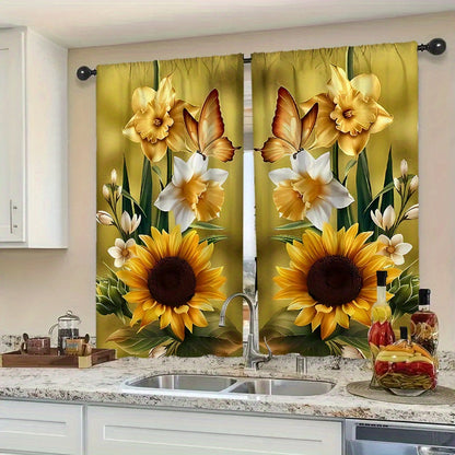 2pcs Contemporary Flower Butterfly Printed Semi-Transparent Polyester Curtains - Easy Machine Wash, Versatile for Living Room, Bedroom, Office - No-Electricity Decorative Drapes