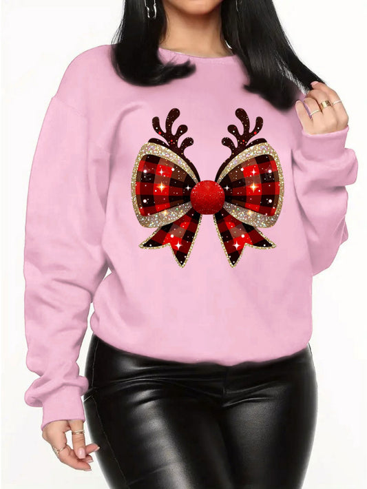 Women's Plus Size Casual Christmas Sweatshirt with Reindeer & Bow Print - Cozy Polyester, Round Neck, Machine Washable - Perfect for Fall/Winter