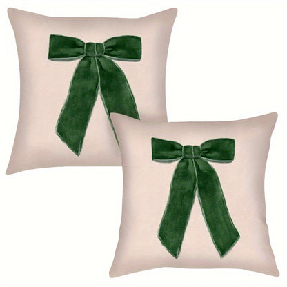 2pcs Modern Christmas Bow Tie Throw Pillow Covers, 18x18 Inch, Polyester, Zippered, Machine Washable, Decorative Pillowcases for Living Room and Bedroom Sofa Decor - Inserts Not Included