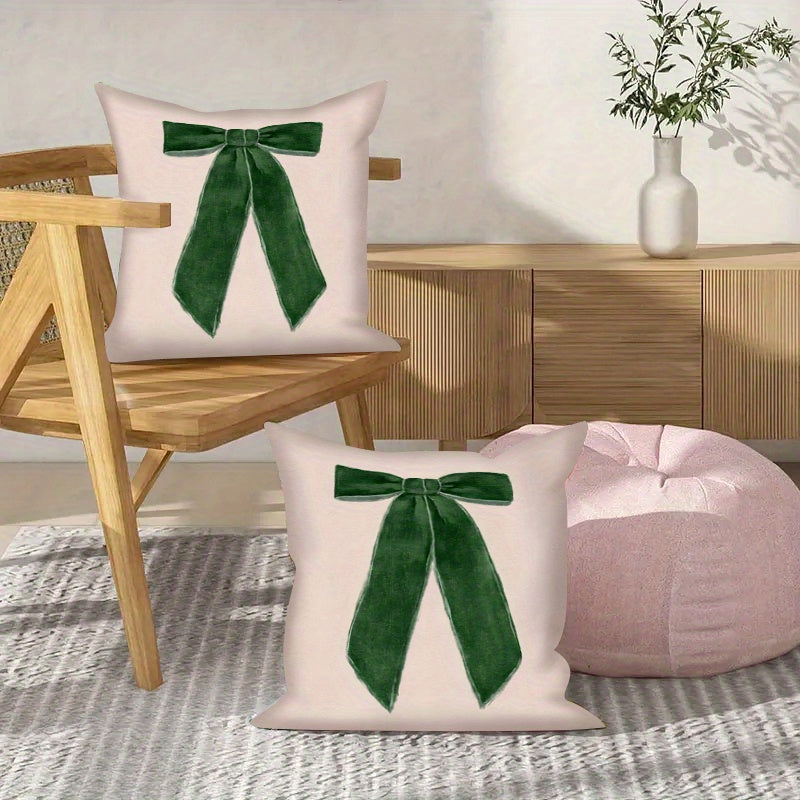 2pcs Modern Christmas Bow Tie Throw Pillow Covers, 18x18 Inch, Polyester, Zippered, Machine Washable, Decorative Pillowcases for Living Room and Bedroom Sofa Decor - Inserts Not Included