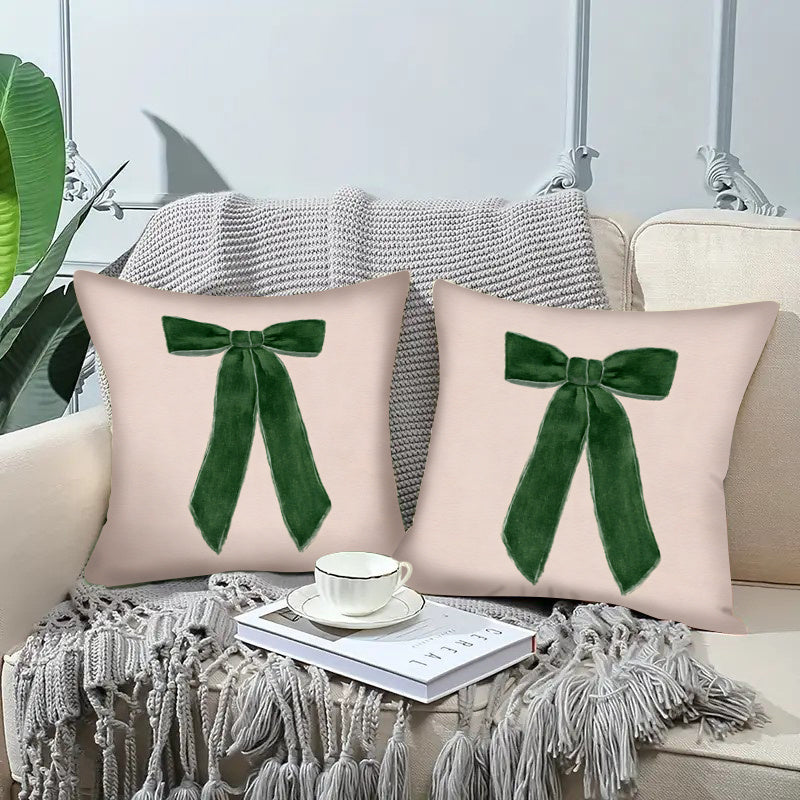 2pcs Modern Christmas Bow Tie Throw Pillow Covers, 18x18 Inch, Polyester, Zippered, Machine Washable, Decorative Pillowcases for Living Room and Bedroom Sofa Decor - Inserts Not Included