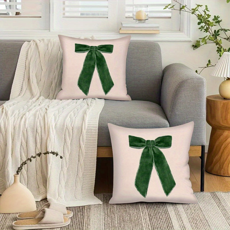 2pcs Modern Christmas Bow Tie Throw Pillow Covers, 18x18 Inch, Polyester, Zippered, Machine Washable, Decorative Pillowcases for Living Room and Bedroom Sofa Decor - Inserts Not Included