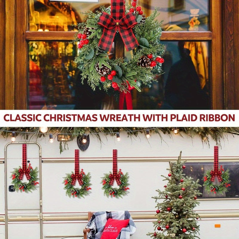 4-Pack Traditional Christmas Mini Wreaths, Artificial Snowy Cedar with Plaid Ribbon, Farmhouse Style Cabinet Hanging Wreaths for Kitchen, Holiday Xmas Window & Door Decor, No Power Required