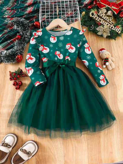 Long Sleeve Girls' Winter Christmas Party Princess Dress With Mesh Hem & Lining, Ribbon Belt, Holiday Fun