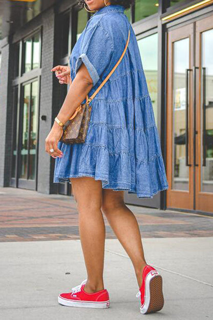 storexq Blue Lapel Classic Button Down Denim Mini Dress