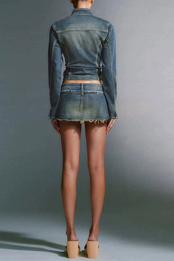 storexq Modern Zipped Design Gradient Denim Jacket & Skirt