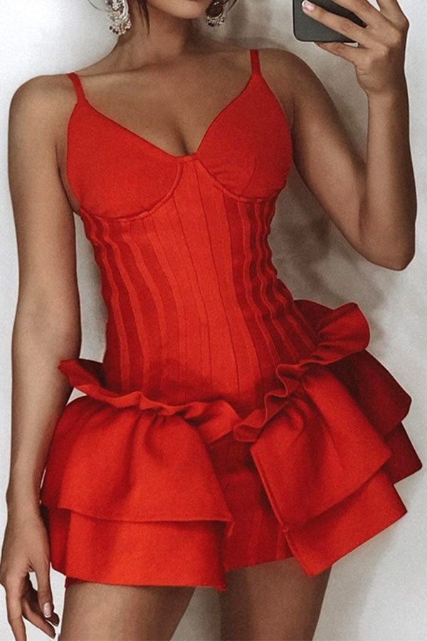 storexq Patchwork Bandage Pretty Ruffle Mini Dress