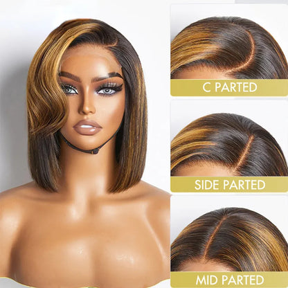 Brazilian Straight Short Bob Wigs Curly Styled Bangs Lace Frontal Human Hair Wigs Ombre Honey Blonde Colored Lace Frontal Wig Preplucked