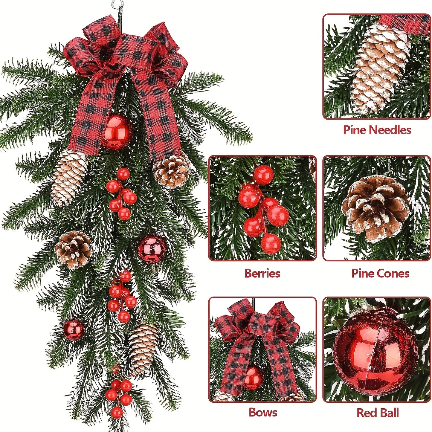 1pc, Artificial Christmas Teardrop Swag Wreath, 21.6 Inches Christmas Pine Cones Red Berries Swag Decoration Teardrop Swag Pendant for Wall Door Window