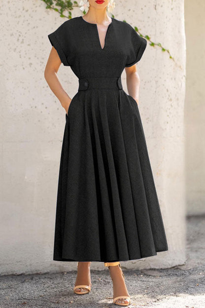 storexq Solid Color V Neck Stylish Swing Midi Dress