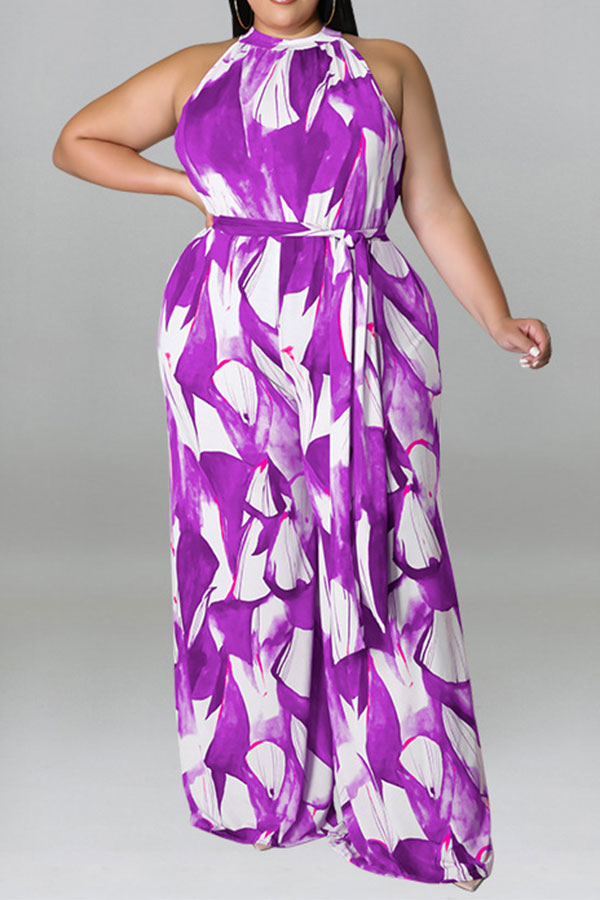 storexq Leaf Print Elegant Belted Wide Leg Jumpsuit