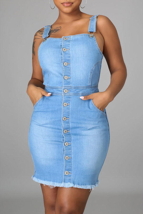 storexq Solid Color Classic Button Down Denim Mini Dress